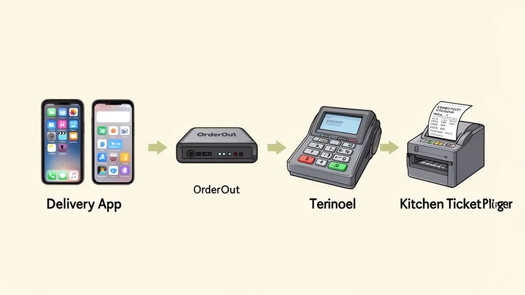 Diagram illustrating a restaurant delivery order processing system, from mobile app to kitchen printer.