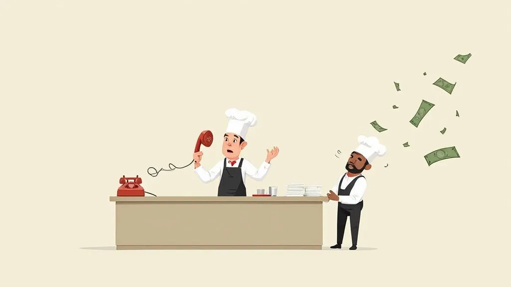 Two chefs illustrate business challenges with phone orders and money flying away.
