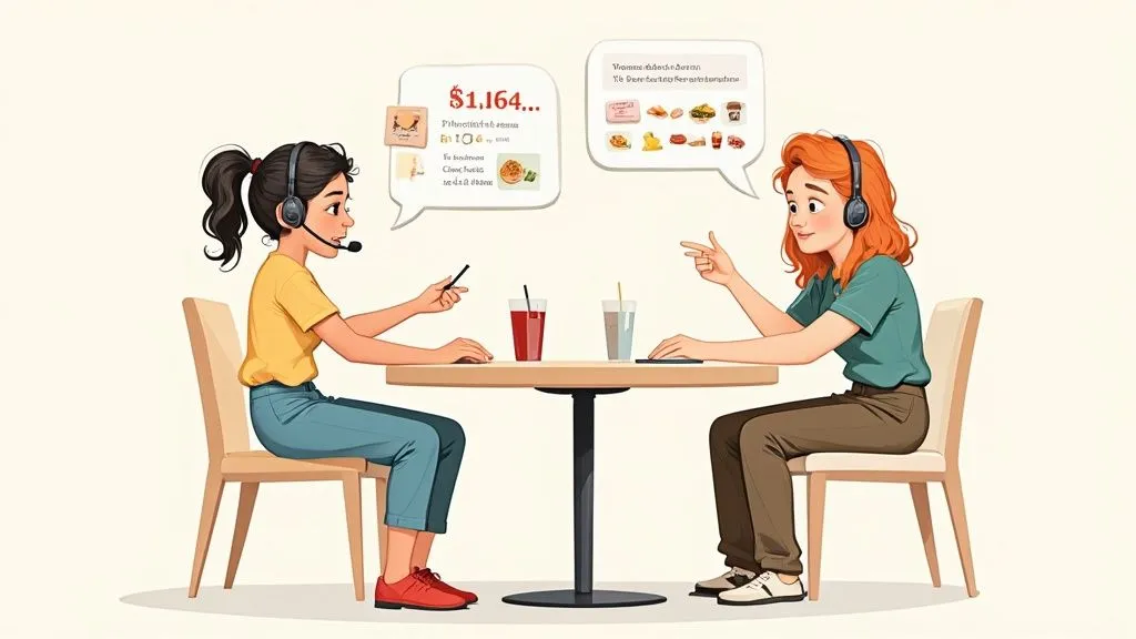 Two women in headsets at a table with speech bubbles showing food and order details, possibly taking calls.