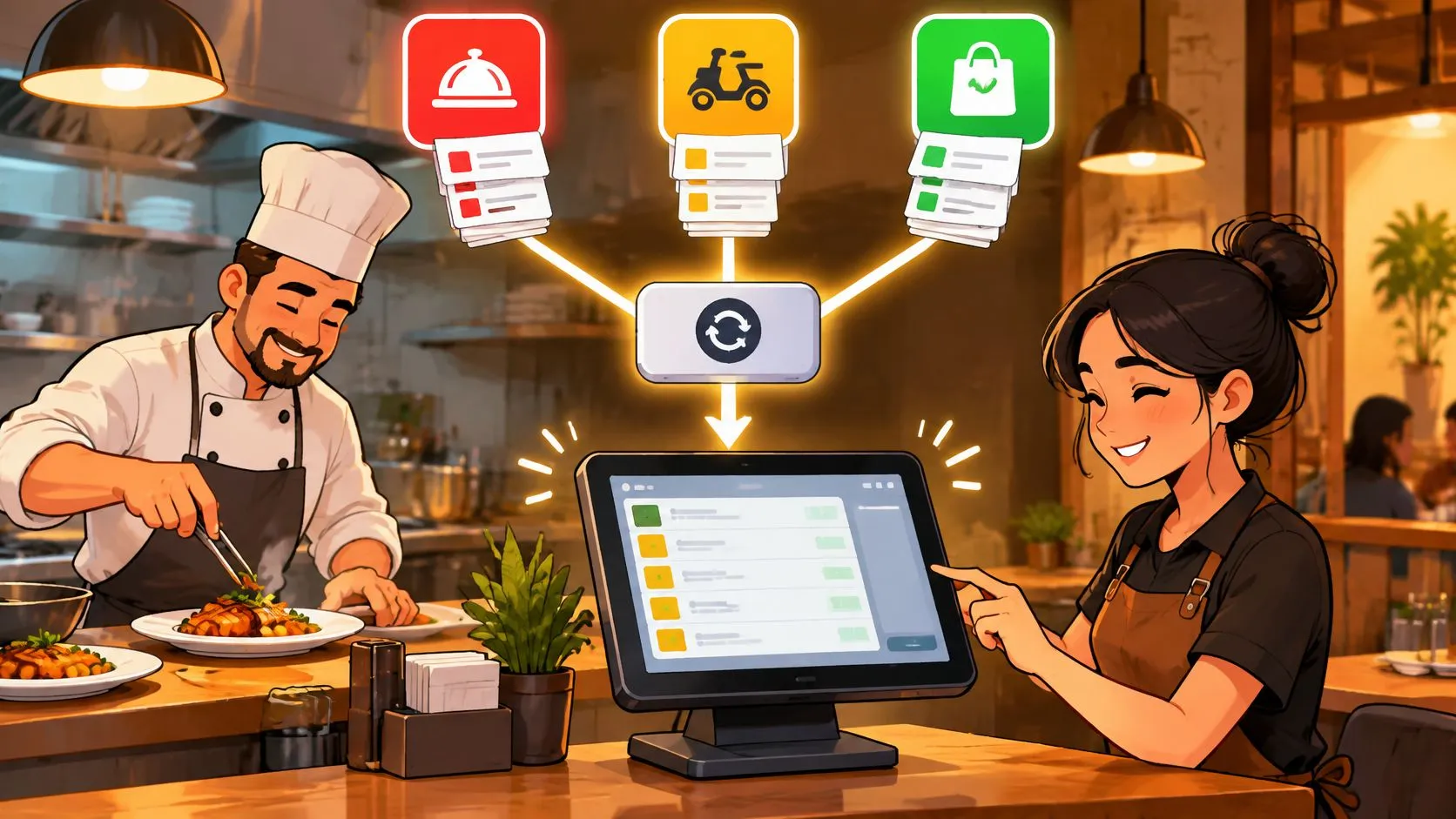 Diagram showing how restaurant delivery orders sync with Clover and Square POS via a unified API.