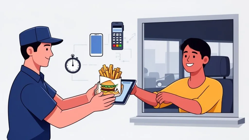 Illustration showing a busy restaurant with a digital POS system enhancing service speed and accuracy.