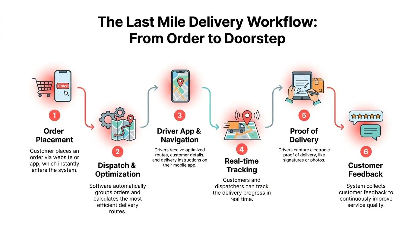 A diagram illustrating the six steps of the last mile delivery workflow from order to customer feedback.
