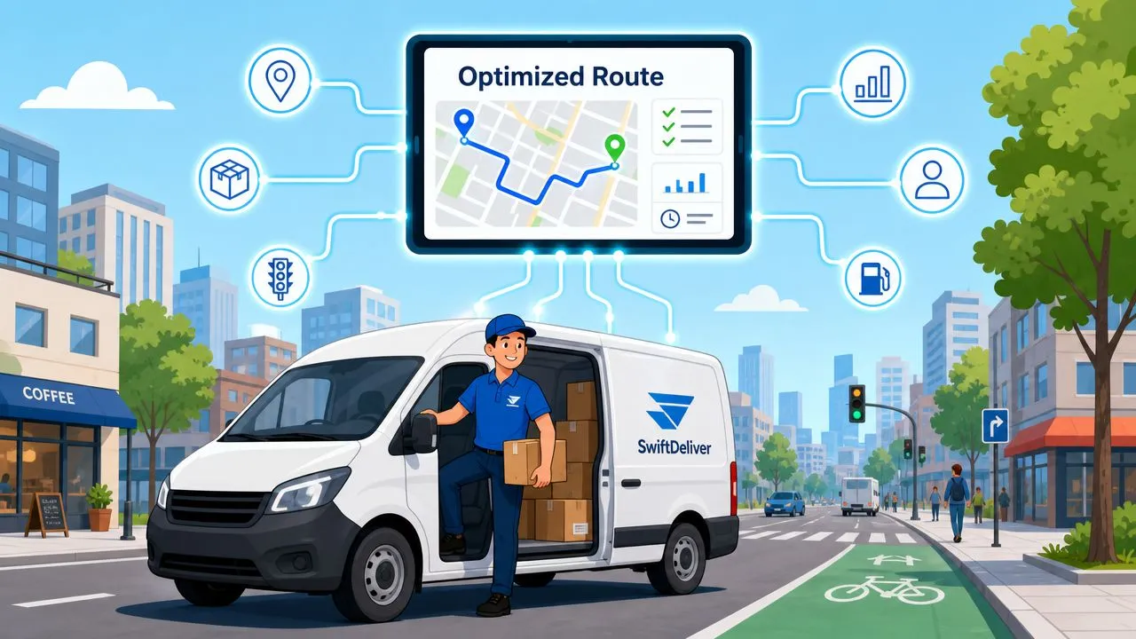 A delivery driver stands by a SwiftDeliver van as a tablet displays an optimized route map.