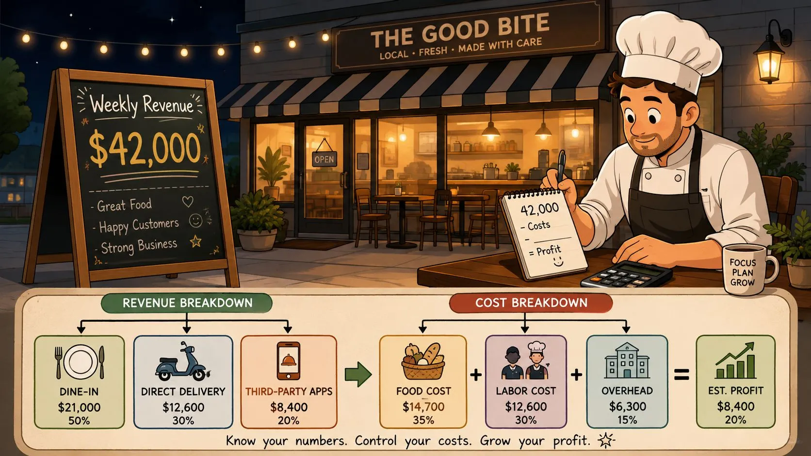 A friendly chef sitting at a table outside a restaurant, reviewing a weekly financial chart.
