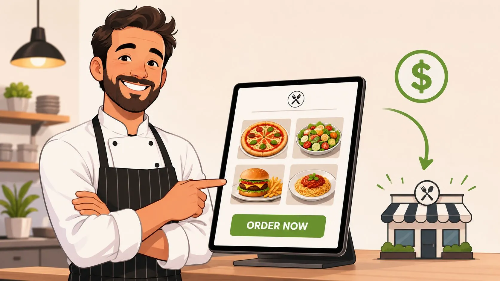 A friendly chef pointing to a digital tablet menu display for online restaurant ordering and food delivery.