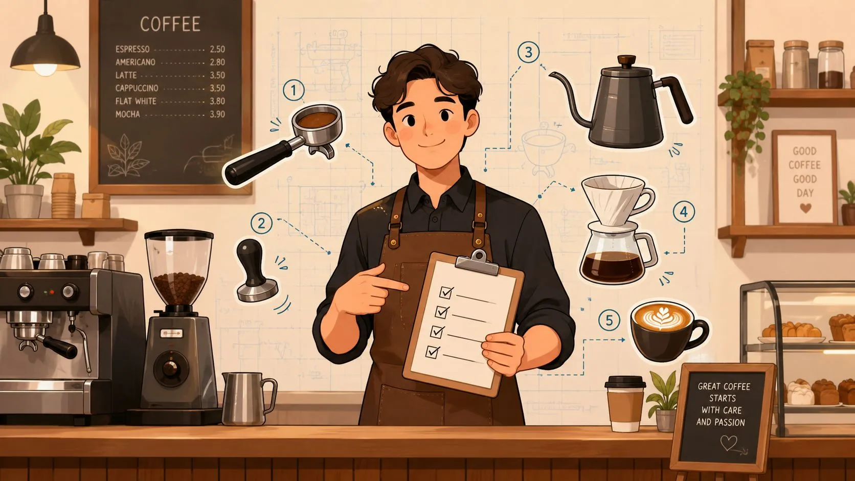 Barista job description elements: responsibilities, skills, pay, and interview tips for attracting candidates.