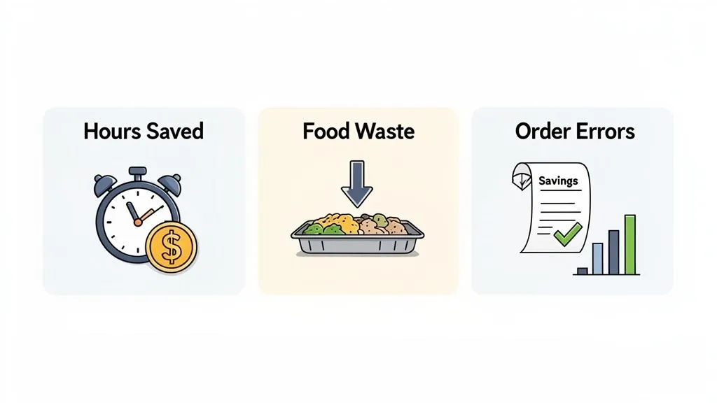 Visualizing key business improvements: hours saved, less food waste, and reduced order errors.