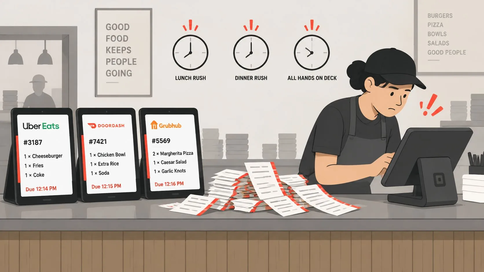 A stressed restaurant worker managing multiple online delivery app orders on a busy counter with numerous printed receipts.