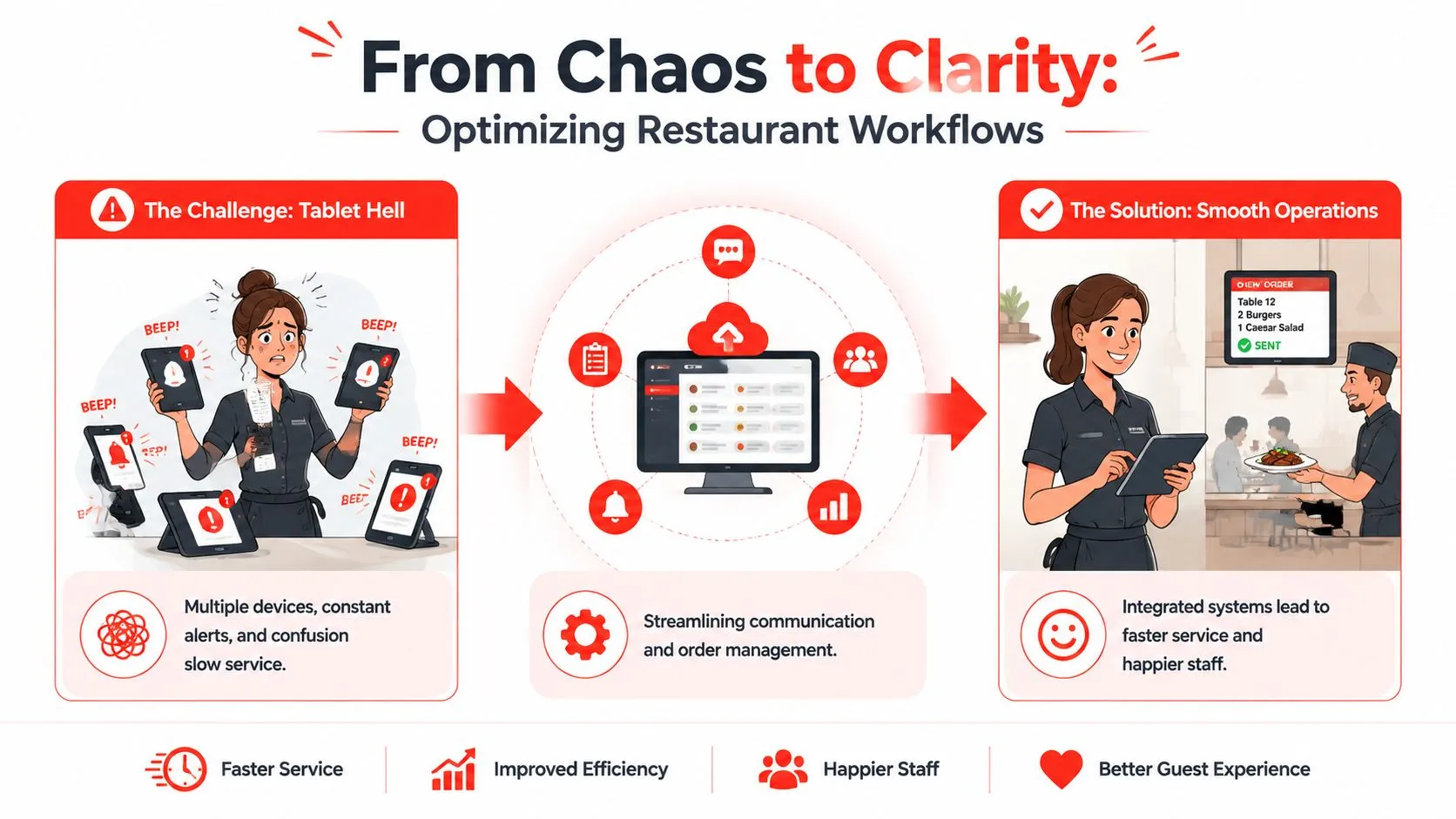 An infographic illustrating how integrated technology solves the challenge of multiple restaurant tablets to improve staff efficiency.