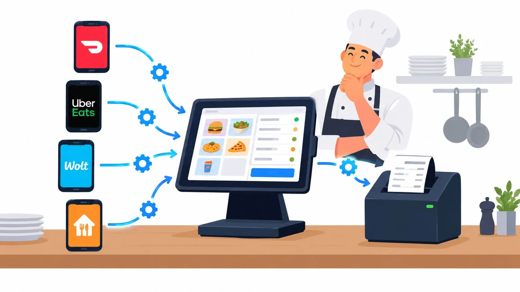Diagram showing integration of restaurant POS API with Uber Eats and DoorDash using Clover and Square systems.