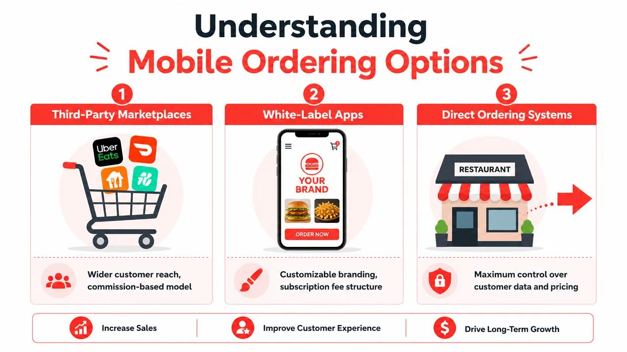 A visual guide comparing mobile ordering options including third-party marketplaces, white-label apps, and direct ordering systems.
