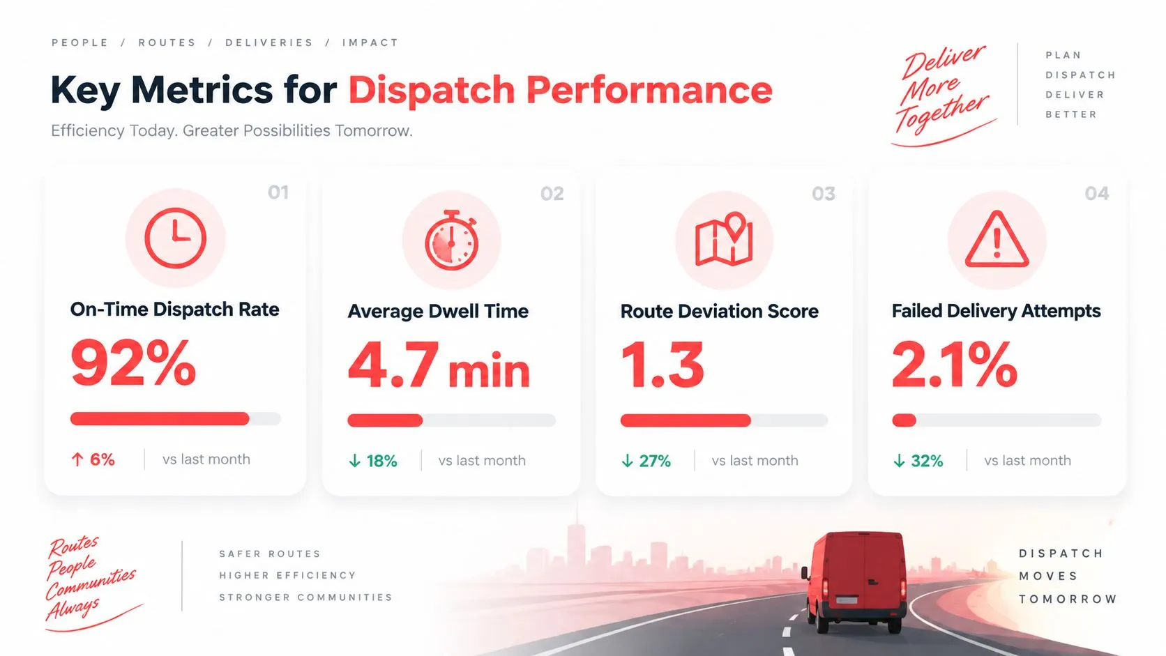 A dashboard infographic presenting key dispatch performance metrics including on-time rate, dwell time, and delivery success.