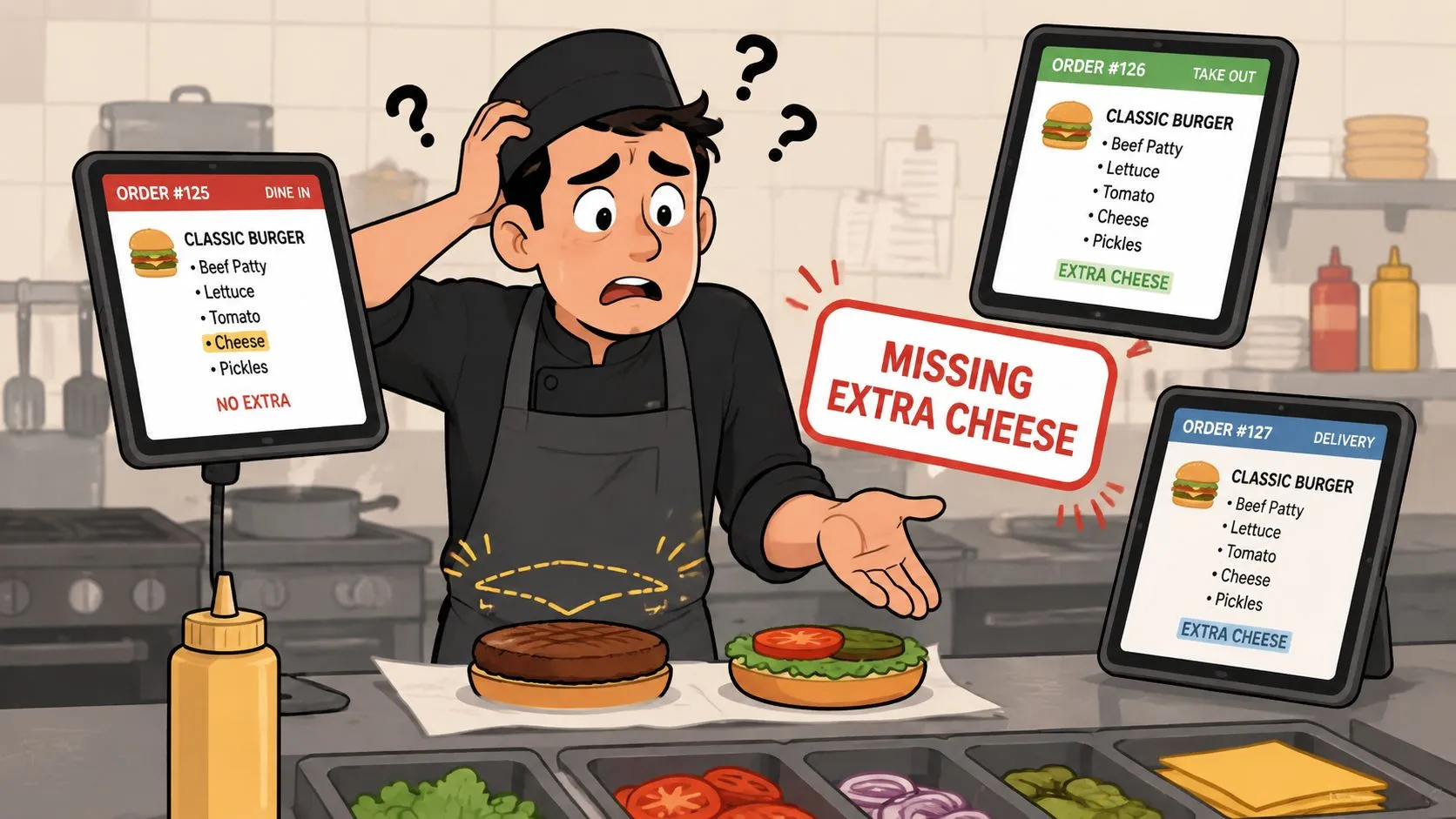 A confused chef looks at digital order screens and a burger missing a slice of cheese.