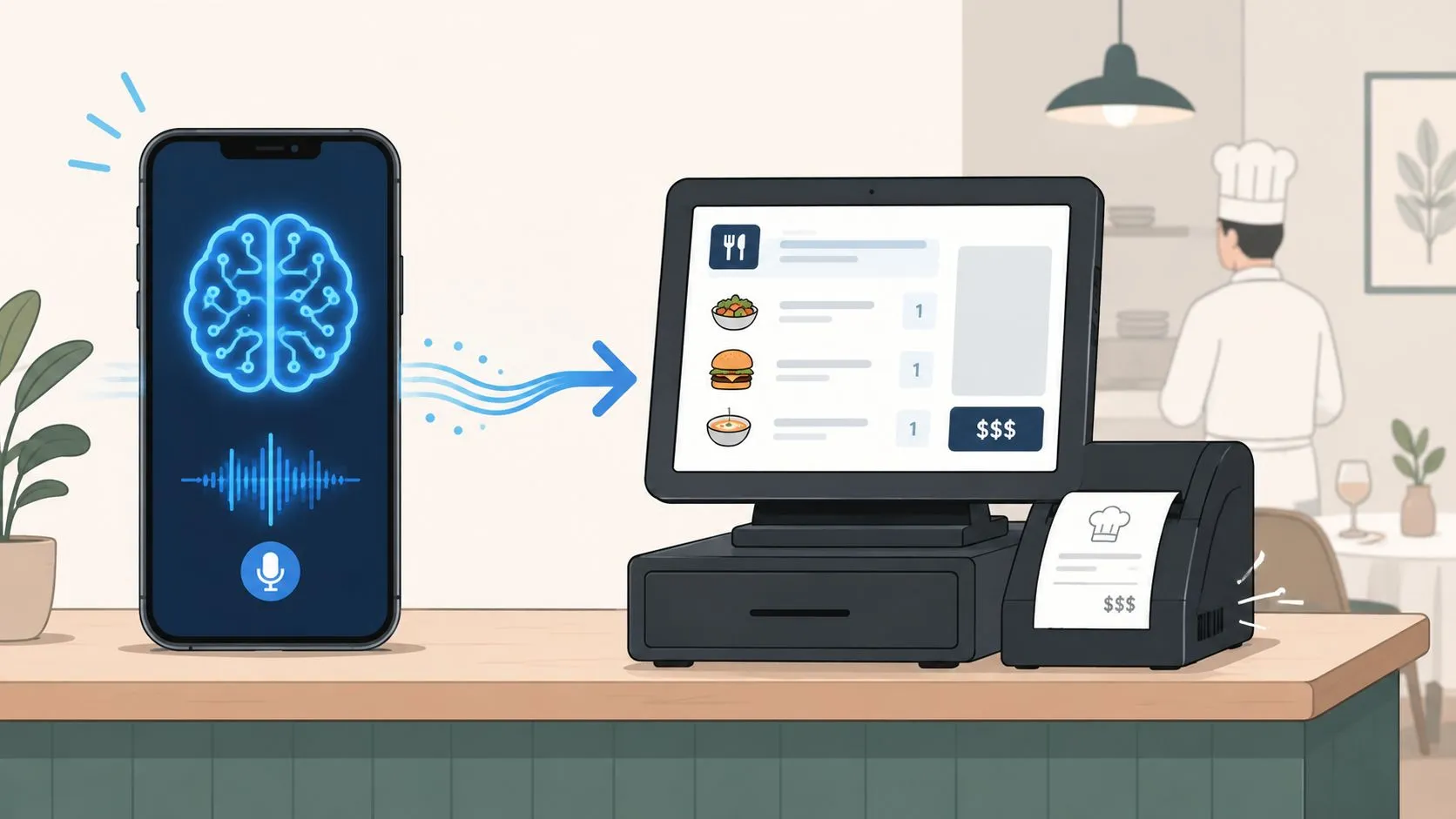 Diagram showing AI phone ordering integration with Clover and Square POS systems for restaurants.