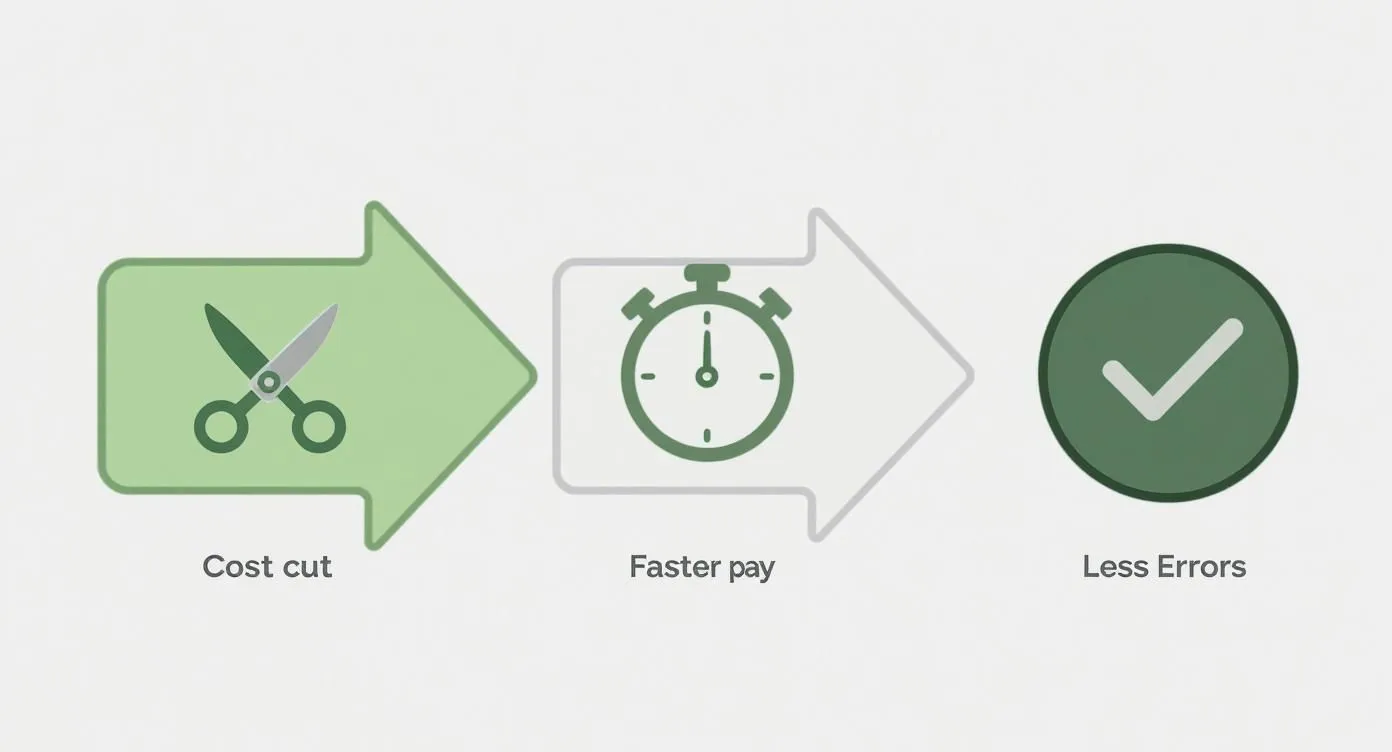 Infographic showing a process: Cost cut (scissors) leads to Faster pay (stopwatch), resulting in Less Errors (checkmark).