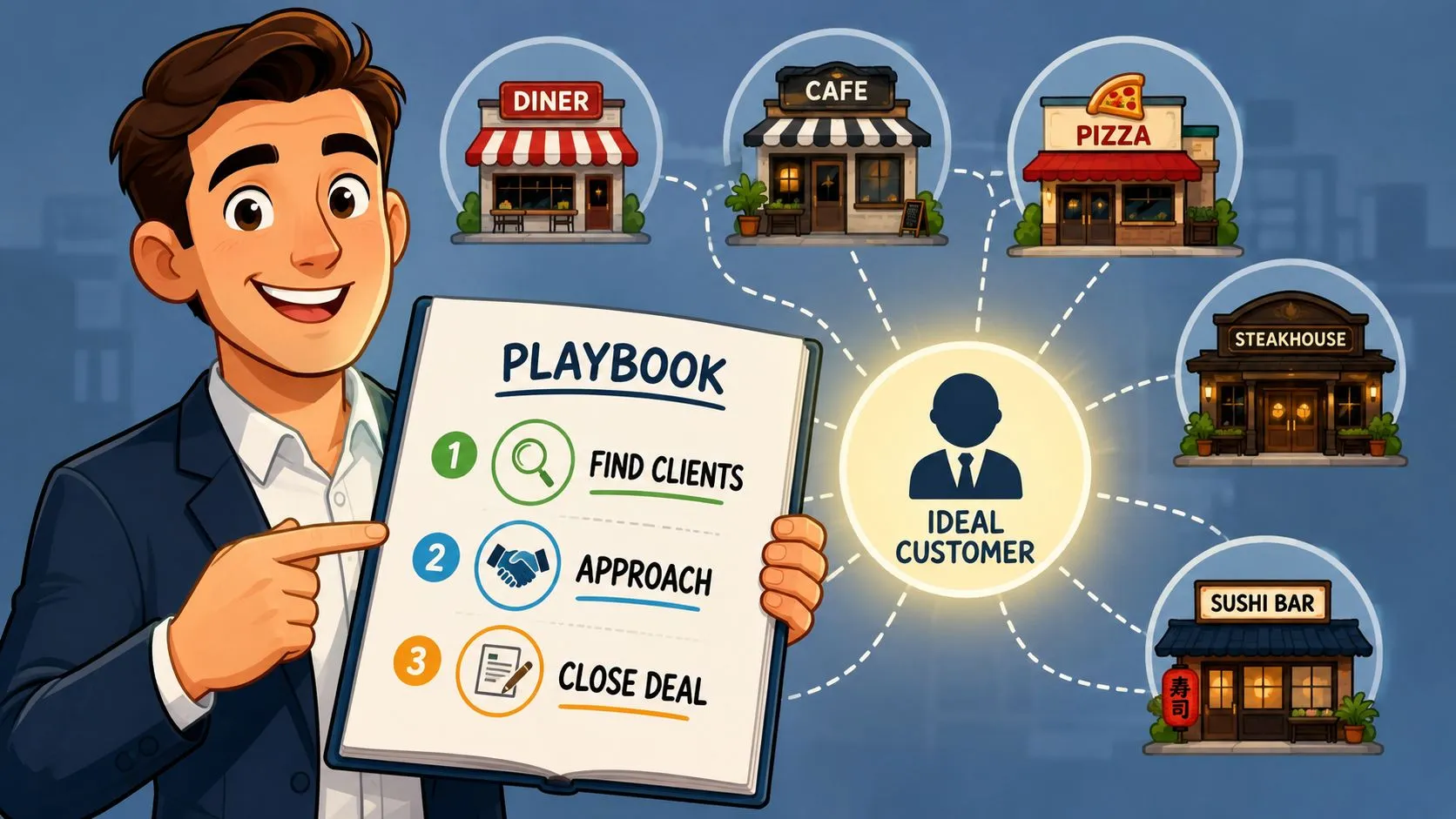 A friendly businessman holding a playbook showing a three-step sales strategy to target restaurant businesses.