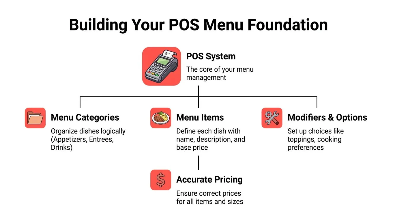 A diagram illustrating the core components of building a POS menu foundation for a restaurant business.