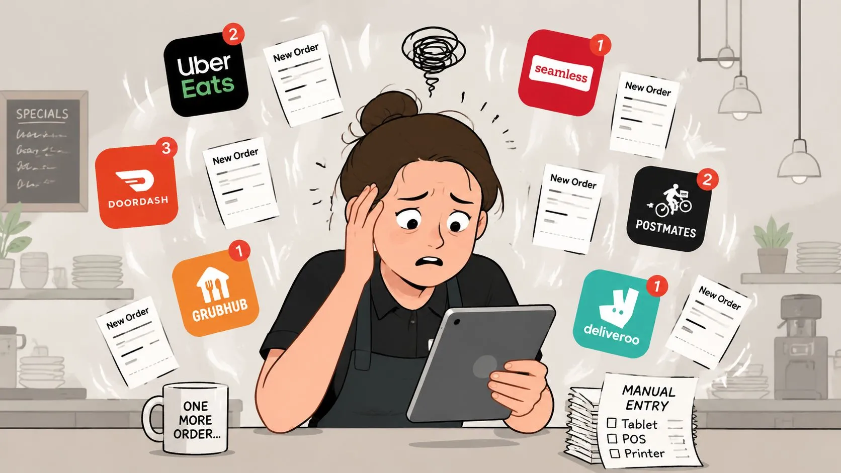 A stressed restaurant worker overwhelmed by multiple food delivery app notifications and manual order entries.
