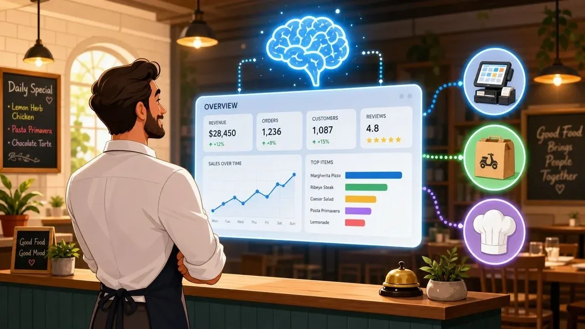 Diagram showcasing key features of restaurant analytics software for improving business operations and profitability.