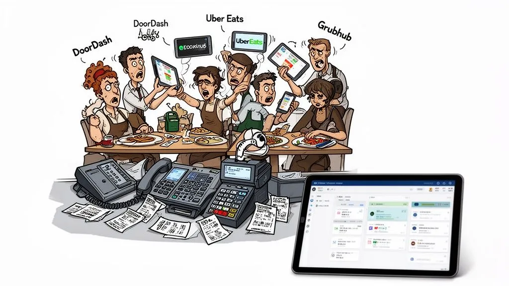 Stressed restaurant staff overwhelmed by multiple food delivery app tablets and paper orders, contrasting with an organized digital system.