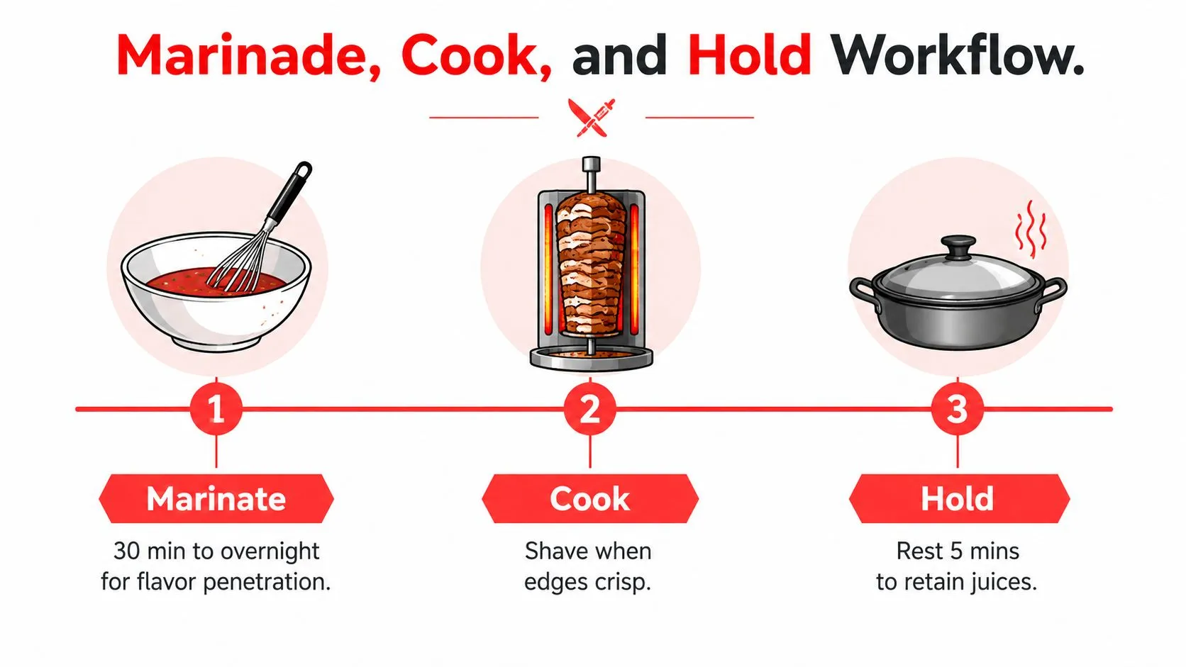 A three-step infographic showing the process to marinate, cook, and hold gyro or chicken meat.