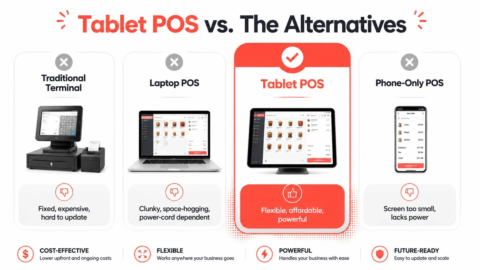A comparison chart showing Tablet POS as superior to traditional terminals, laptops, and phone-only point of sale systems.