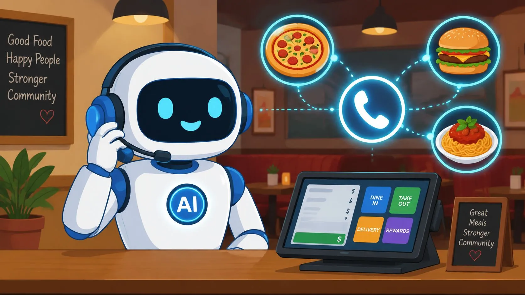 AI phone answering service interface integrating with a restaurant POS system for order taking and reservations.
