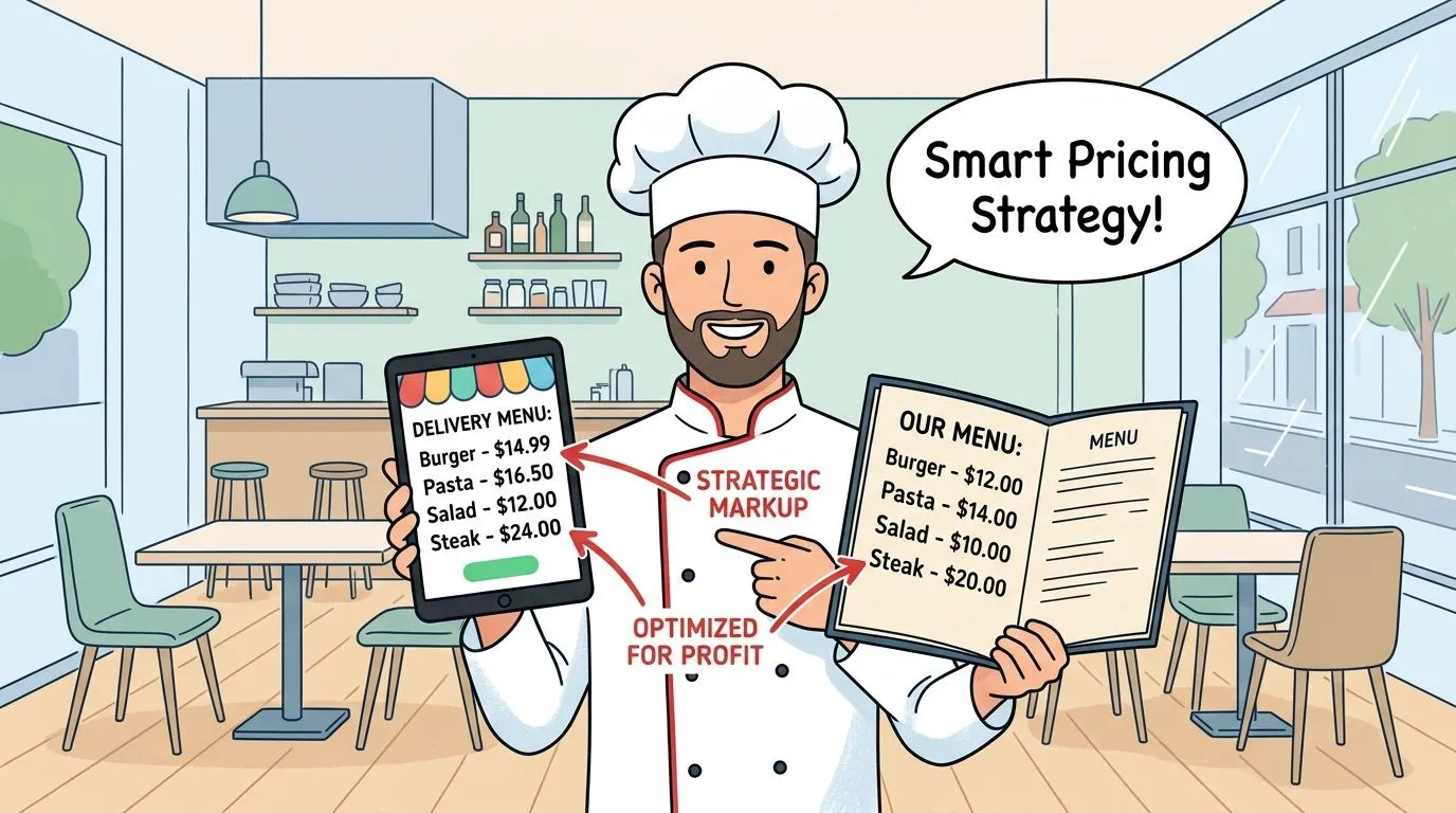 A chef showing a comparison between higher delivery menu prices and lower in-restaurant menu prices for profit.