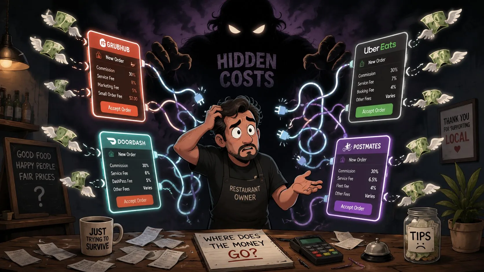 A stressed restaurant owner overwhelmed by fees and hidden costs from multiple food delivery service apps.