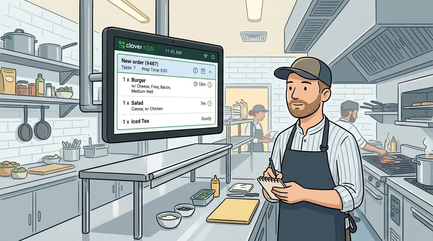 A chef in a professional kitchen looking at a Clover kitchen display system screen showing order details.