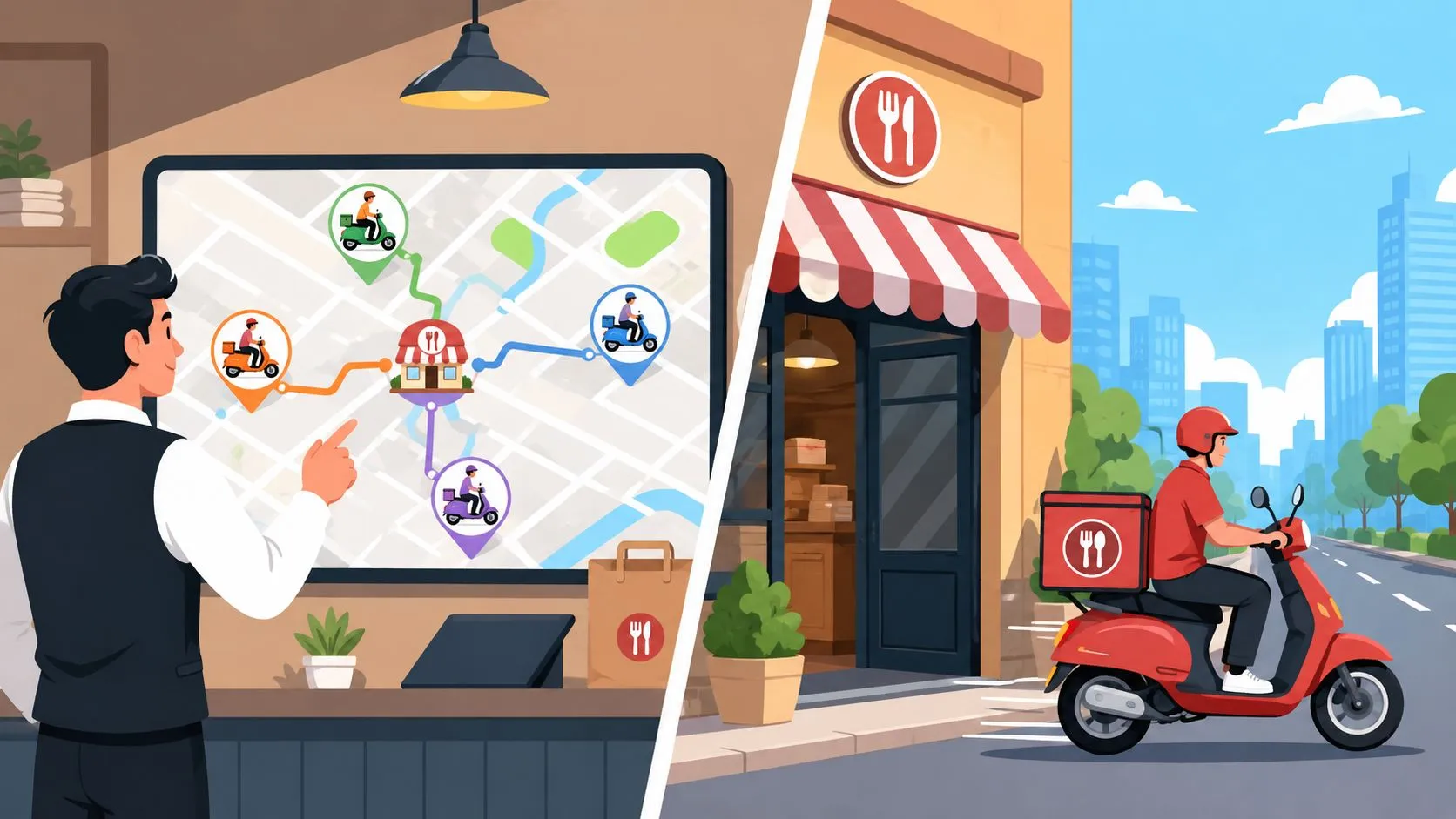 Diagram showing streamlined restaurant dispatch and delivery workflows with POS integration benefits.