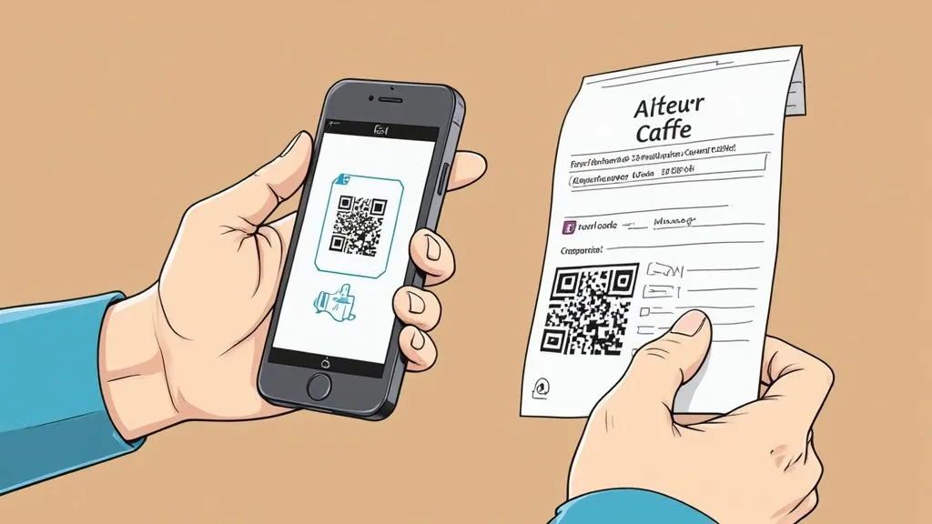 Hands display a smartphone with a digital QR code and a paper receipt also featuring a QR code.