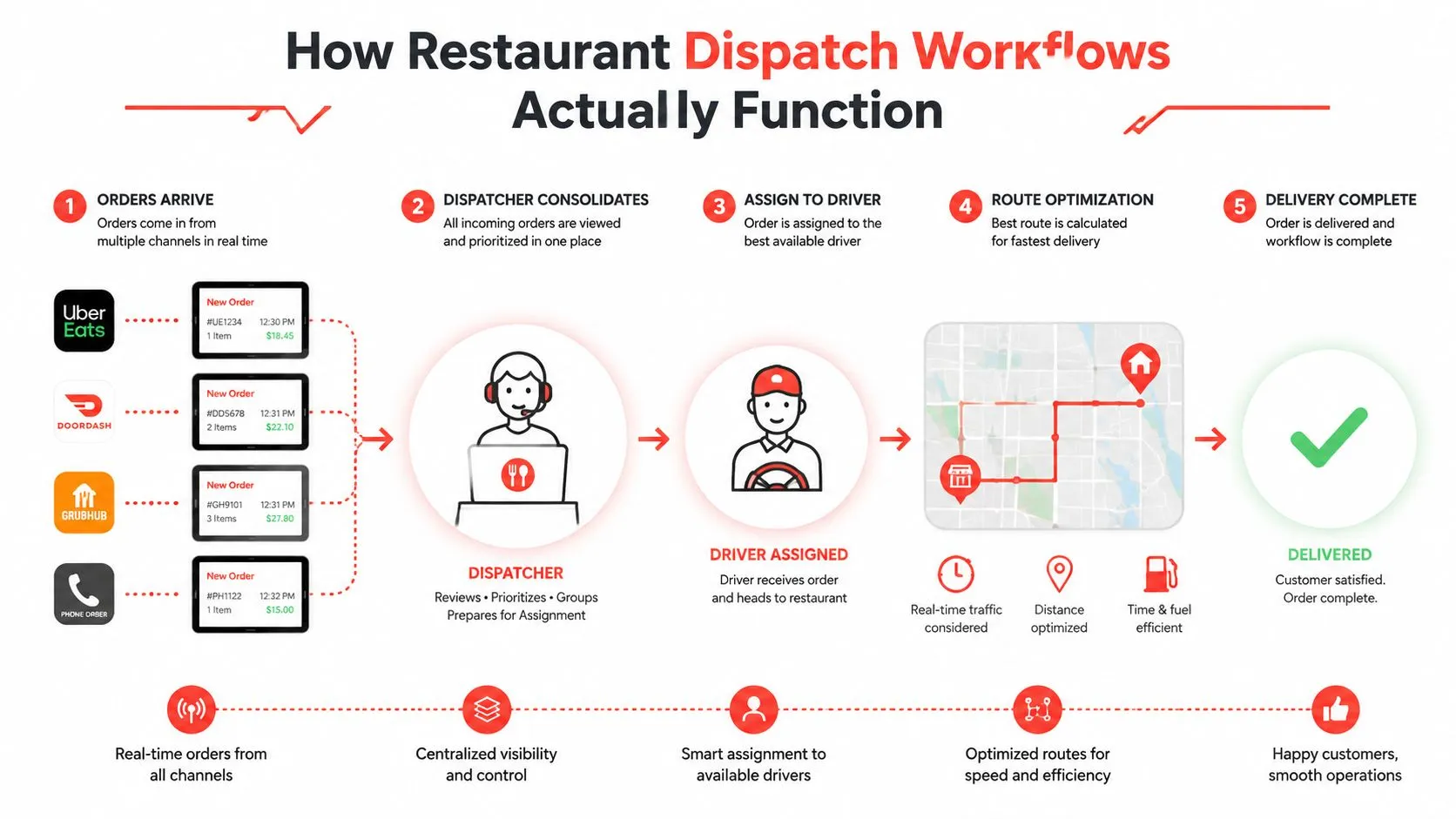 An infographic illustrating the five-step restaurant dispatch workflow from receiving orders to final delivery.