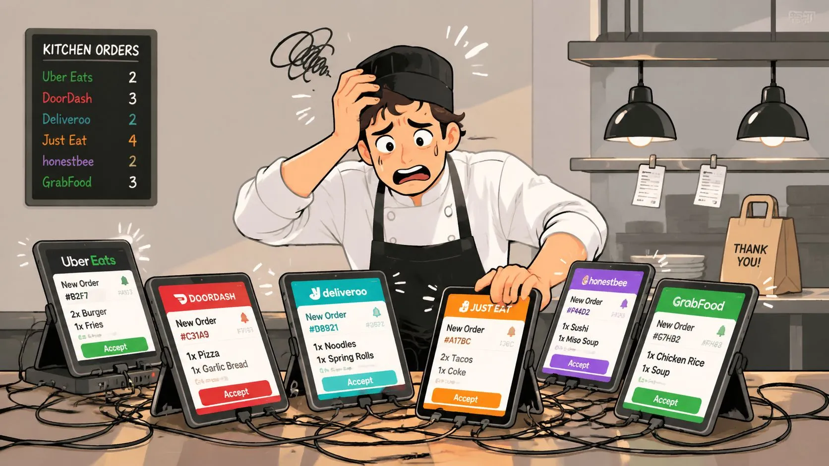 A stressed chef overwhelmed by multiple food delivery service tablets in a busy restaurant kitchen setting.