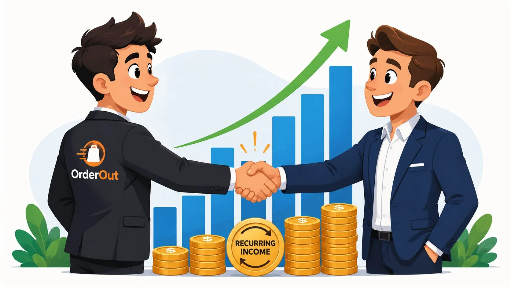 Two business partners shaking hands in front of a rising profit chart and gold coin stacks.