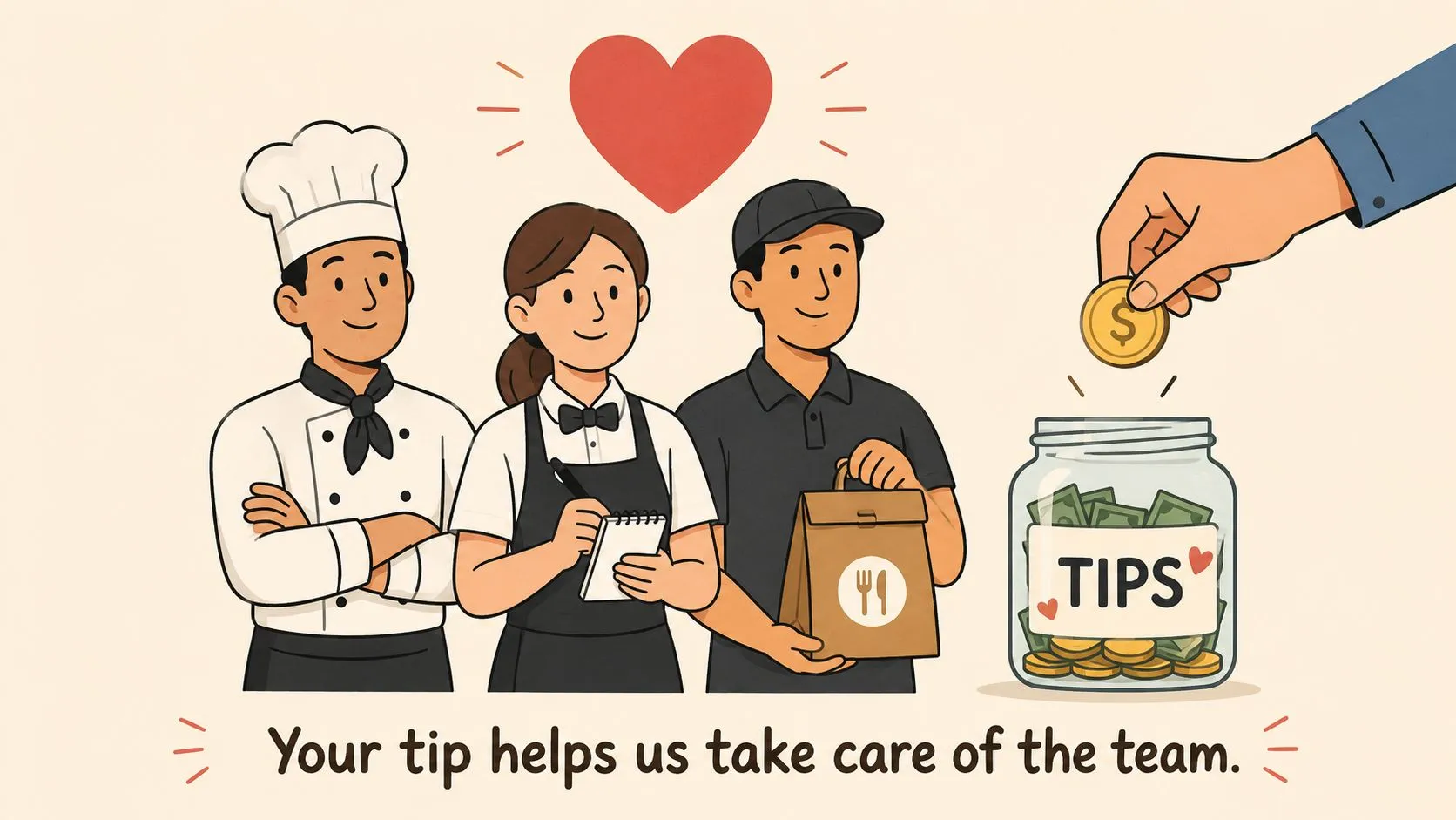 A friendly illustration of a chef, waitress, and delivery person receiving a cash tip in a jar.