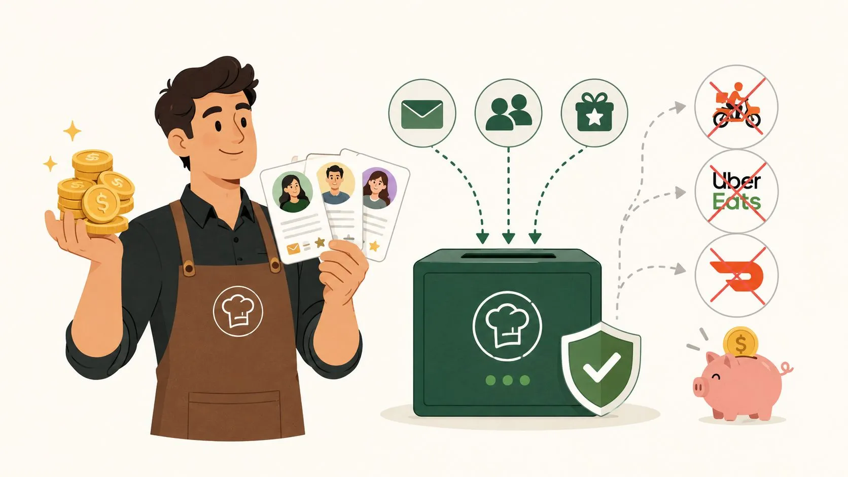 A chef holding money and customer profiles, illustrating a restaurant ordering system avoiding third-party delivery fees.