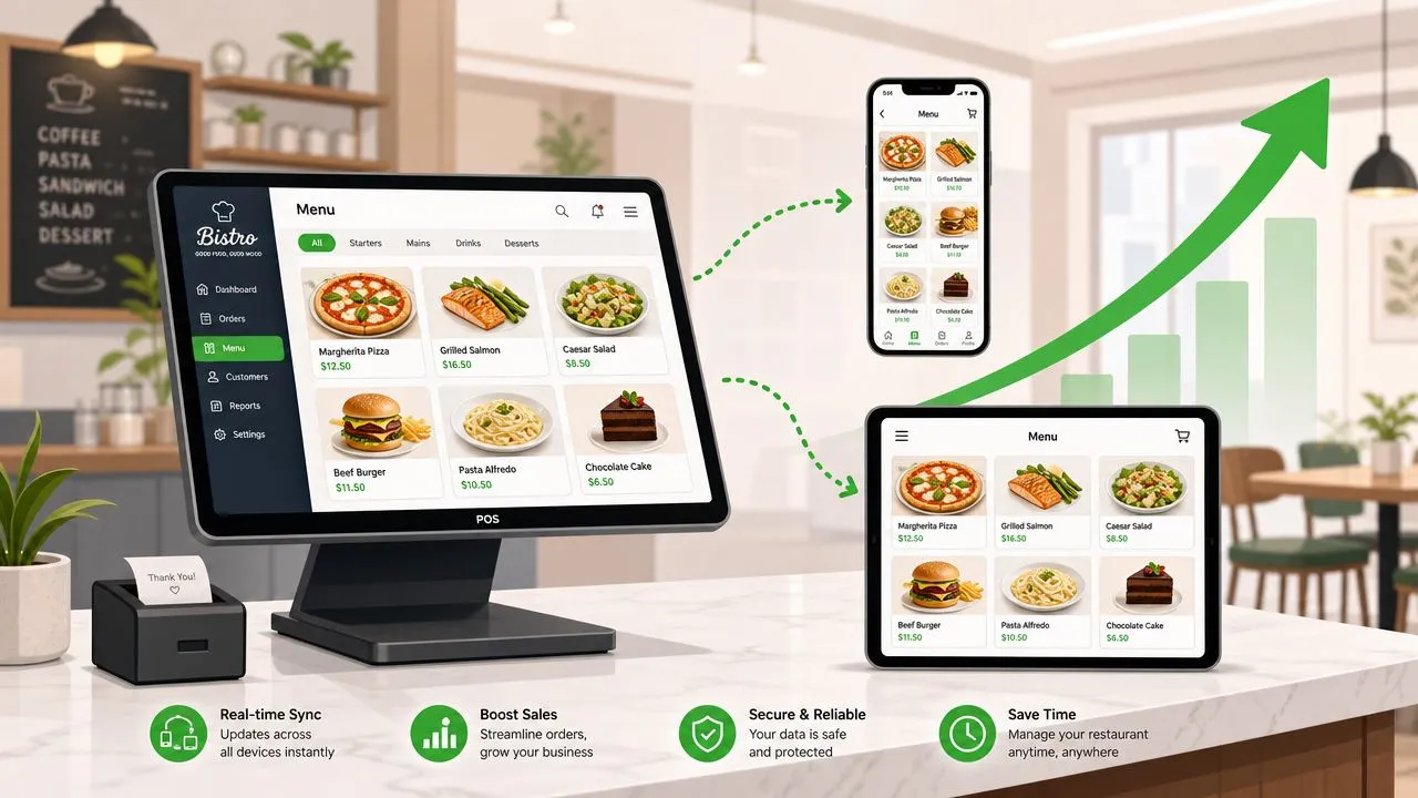 Illustration showing Clover/Square POS syncing with delivery apps for efficient restaurant menu management.