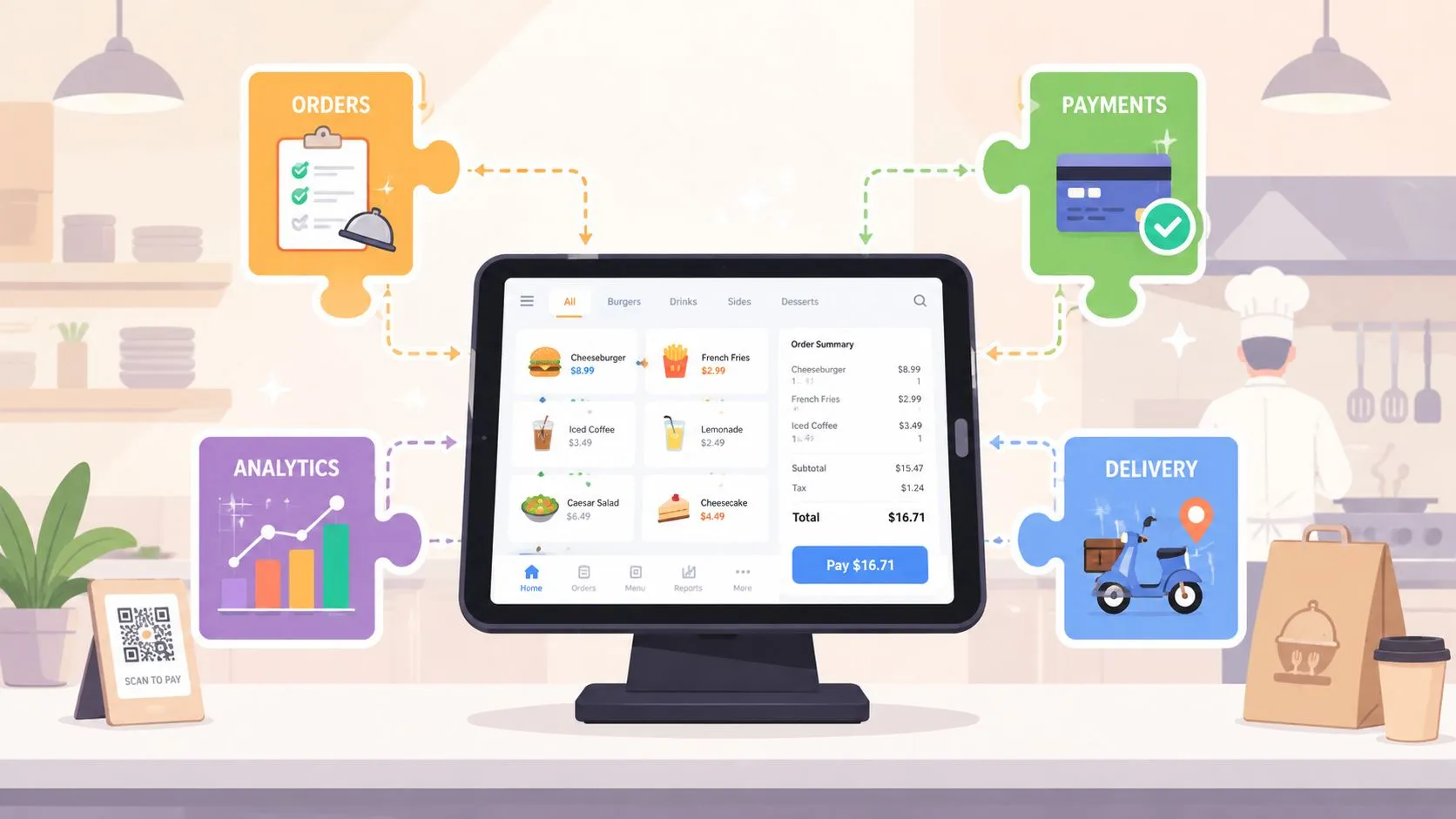 Tablet displaying a POS system interface with restaurant management features and comparison charts.