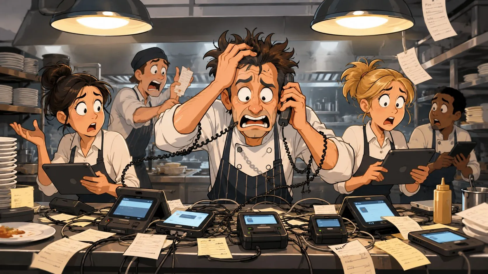 A stressed chef overwhelmed in a busy restaurant kitchen surrounded by technology and order tickets.