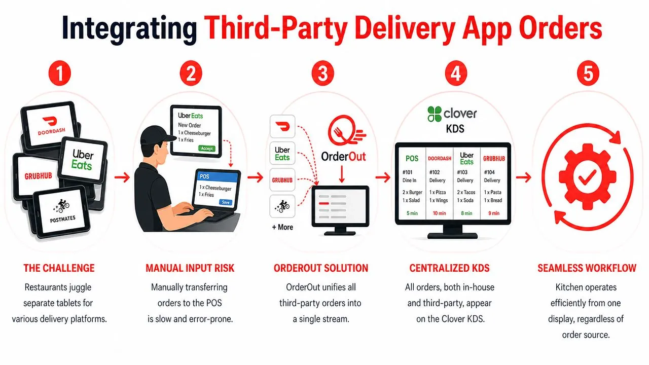An infographic illustrating how OrderOut integrates various third-party delivery apps into one centralized Clover kitchen display system.