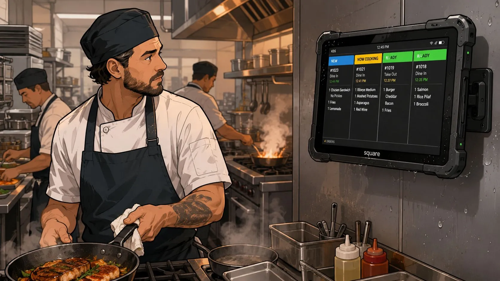 A professional chef cooking in a busy restaurant kitchen with a Square kitchen display system on the wall.