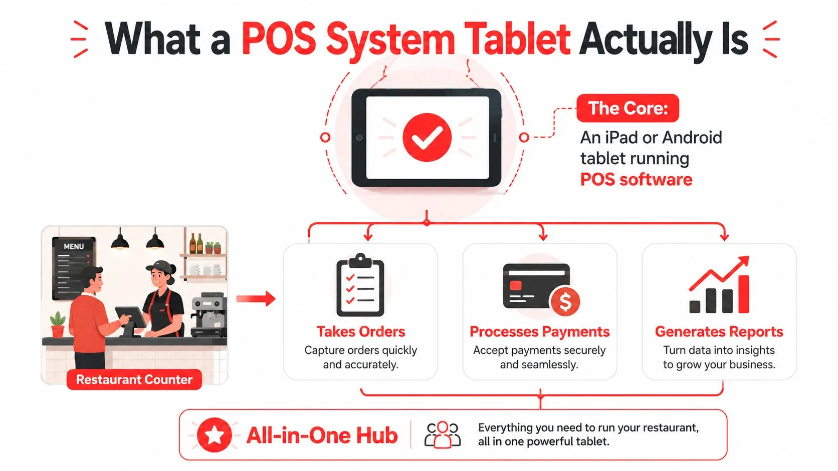 A diagram explaining that a restaurant POS system tablet functions as an all-in-one hub for business management.
