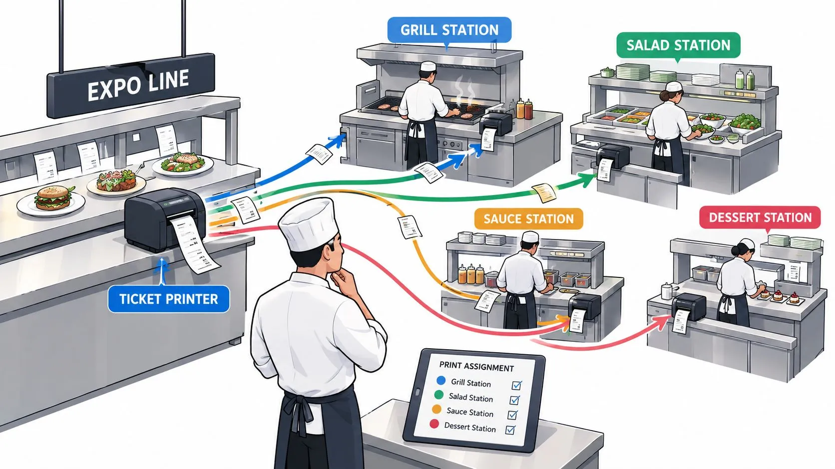 A professional kitchen expo line managing food preparation tasks with an automated digital ticket printing system.