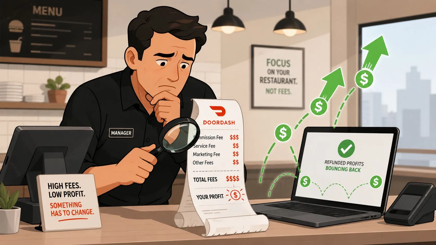Restaurant manager reviewing documents to resolve DoorDash error charges and protect profits.