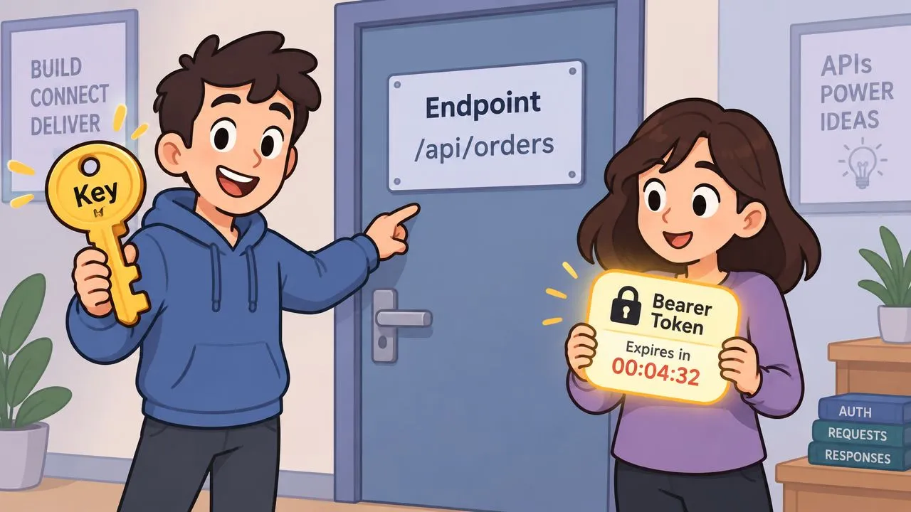 A boy holding a key and a girl holding a bearer token in front of an API door.