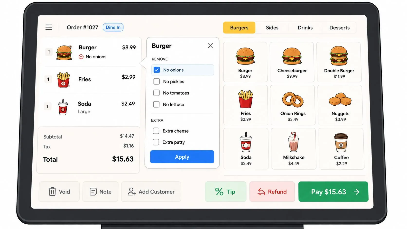 A digital touch screen point of sale system interface showing a restaurant order with burgers and sides.