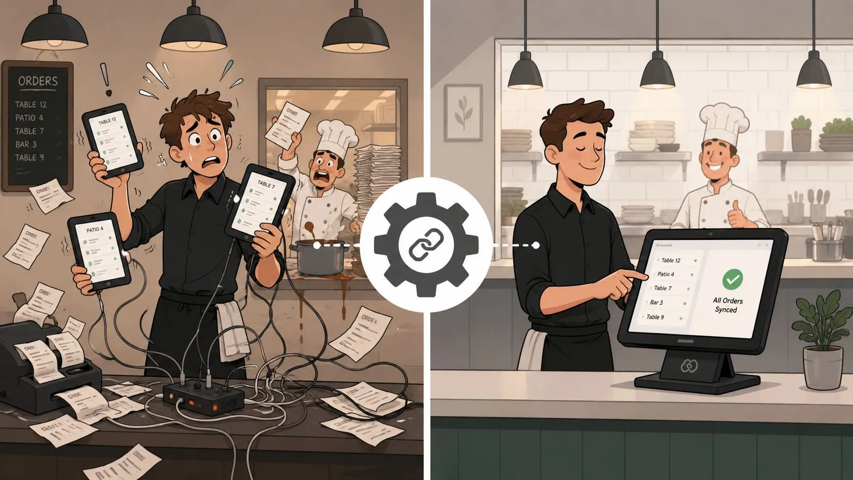 Illustration depicting restaurant challenges like staffing and delivery, with tech solutions highlighted.